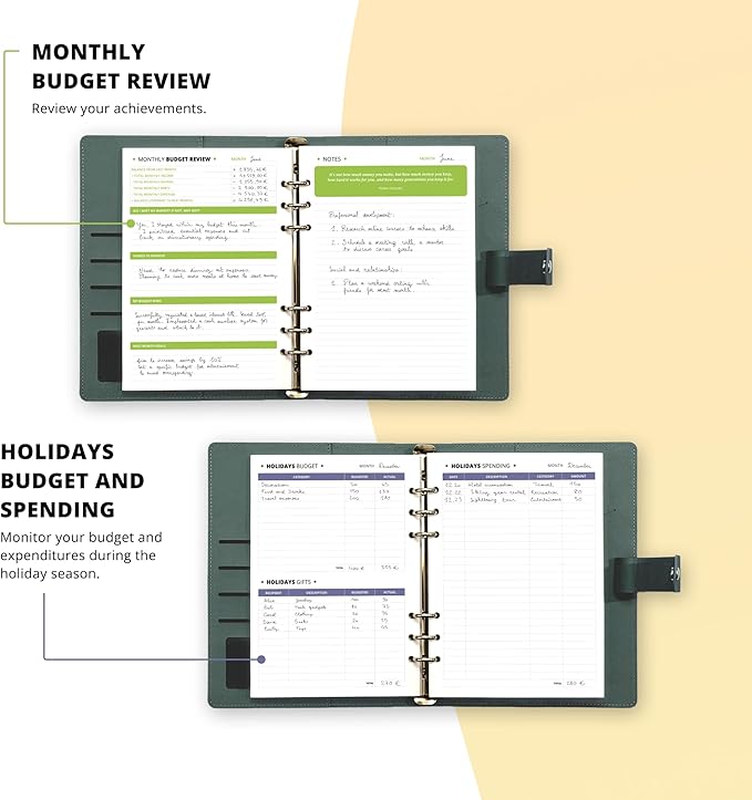 Budget Planner 12 Months Undated A5 Binder Pu Leather Hard Cover, Erasable Pen, Bill Organizer, Money Envelopes for Cash 12pcs Transparent Bags, Budget Binder with Silver Rings, Ideal Book Organizer