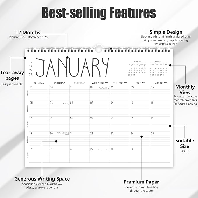 GuassLee Wall Calendar 2025, 2025 Calendar Wall from Jan. 2025 to Dec. 2025, 14" X 11" Paper Monthly Planner Wall Hanging Calendar with Thick Paper for Office Home Planning & Organizing