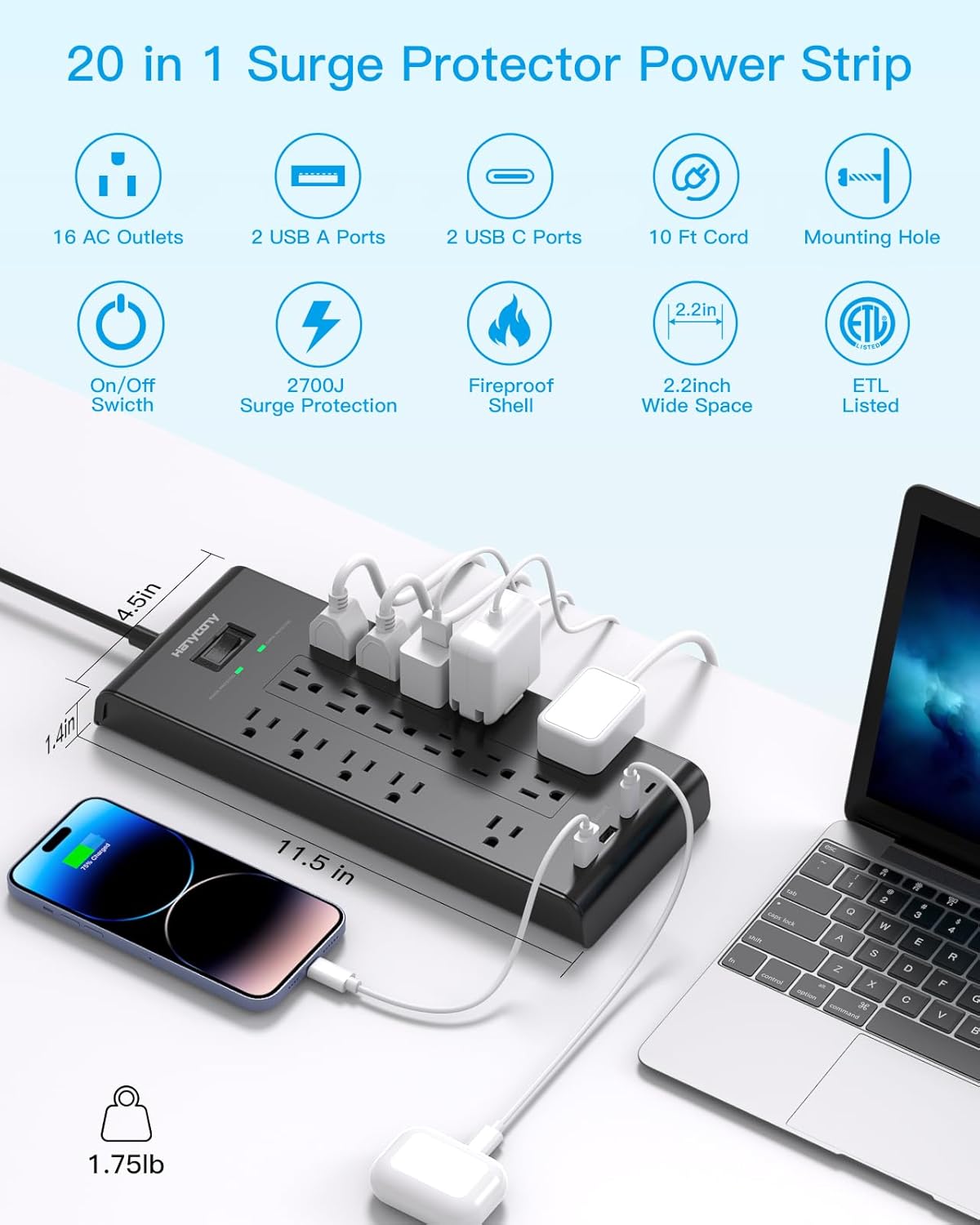 Power Strip 10 Ft, HANYCONY Surge Protector with 16 Outlets 4 USB Ports(2 USB C), Flat Plug Heavy Duty Extension Cord, 2700 Joules, Wall Mount for Home Office, ETL Listed, Black