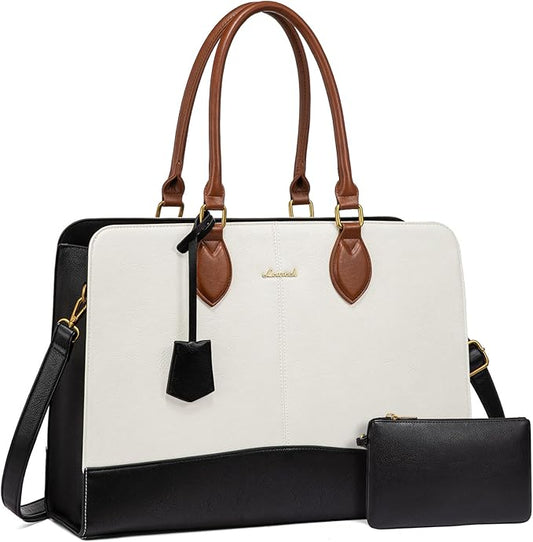 LOVEVOOK Laptop Bag for Women, Work Tote Bags 17.3 inch Computer Bags for Laptops for Women Purse, Large Vintage PU Leather Waterproof Business Office Briefcase, Beige Black Brown