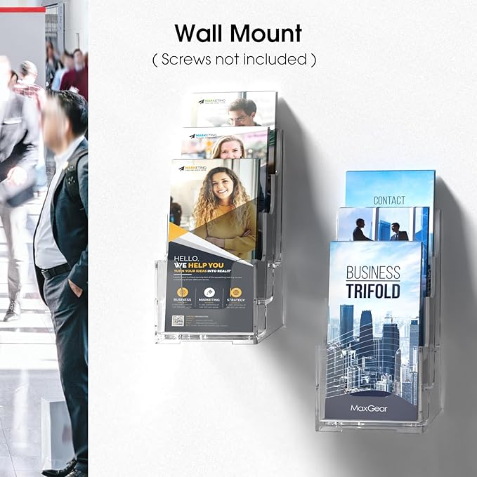 MaxGear Acrylic Brochure Holder, 4-Inch Wide 3 Tier Brochure Display Stand Clear Literature Holder Premium Acrylic Pamphlet Holder Multi Pocket, Wall Mount or Counter Top Use(2 Pack)