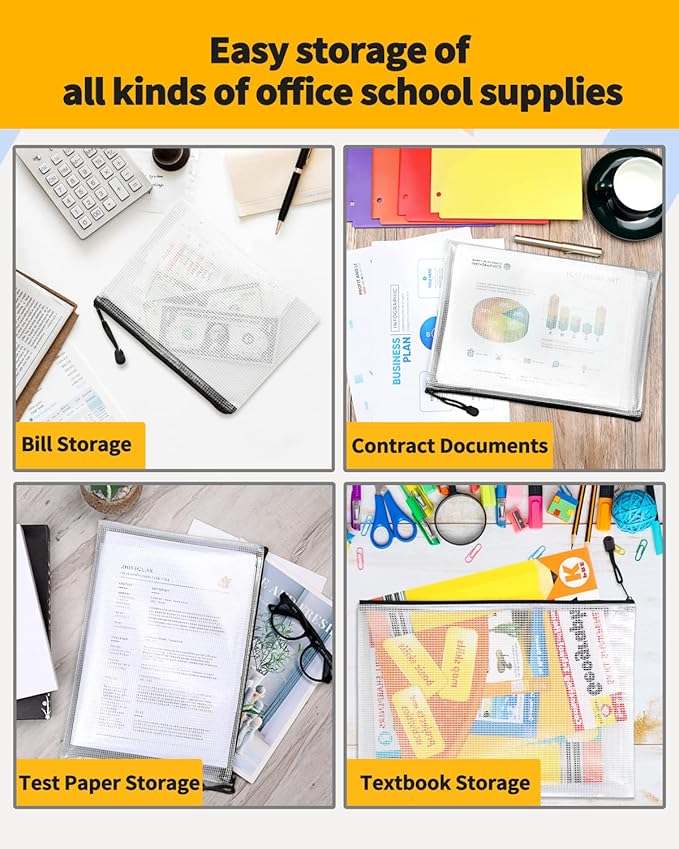 SUNEE Plastic Mesh Zipper Pouch 4x9 in (Black, 12 Packs), Small Water-Resistant Zip Bag for School Office Supplies, Pencil Organizing Storage