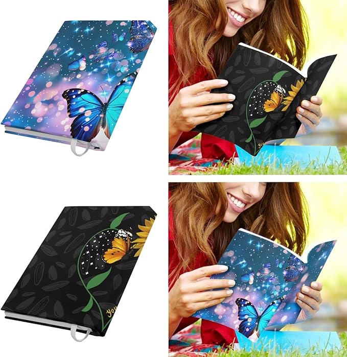 Butterfly Book Cover Book Protector with Sunflower Print, 2 Pack Reusable Book Sox Book Sleeves Cover for Book Lover, Lightweight Textbook Cover for Students, Blue and Black