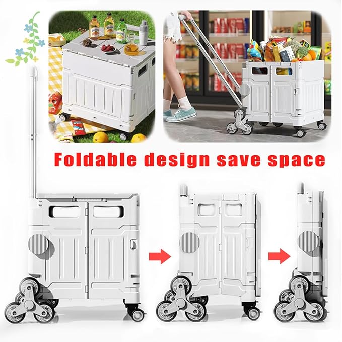 Foldable Utility Cart with Stair Climbing Wheels,Folding Portable Rolling Crate Handcart with Aluminium Alloy Telescoping Handles, Handcart for Grocery Book File Tool Art Supplies