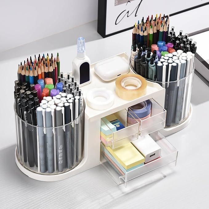 Rotating Desk Organizer with 2 Pen Holder, Desk Organizers and Accessories with 10 Slots Pencil Holder for Desk + 3 Drawer, Art Supply Storage Box Caddy for Office School Home (White)