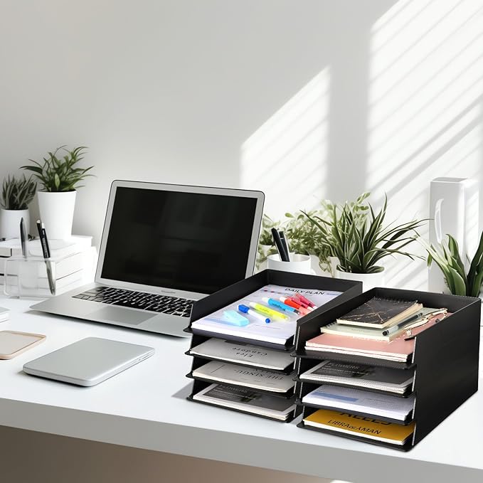 Wenqik 8 Pcs Stackable Paper Trays Rectangular Plastic Desk Tray Holder Desktop Document File Paper Organizer Plastic Storage Letter Tray for Office Classroom, Black