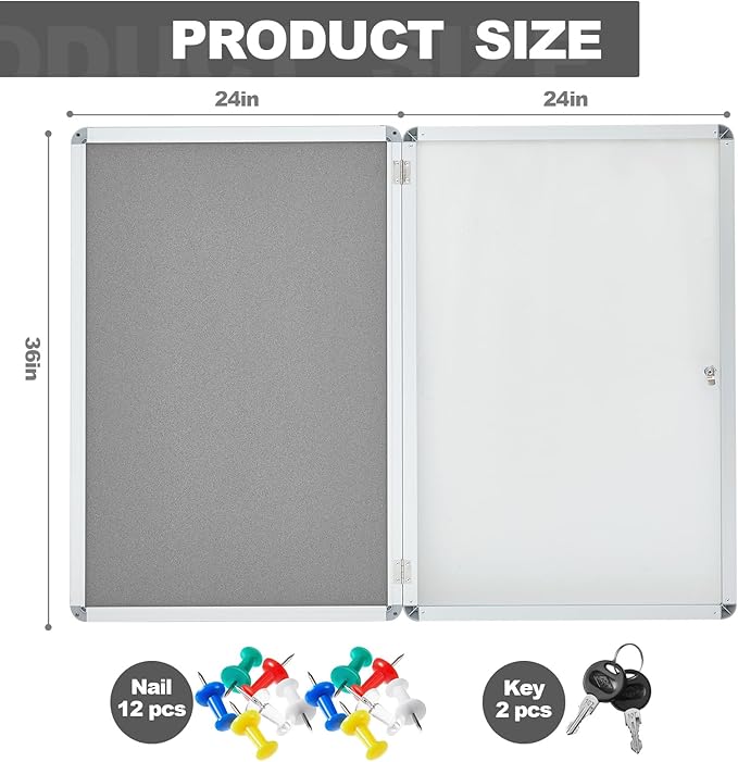 Geetery Enclosed Fabric Bulletin Board Tamperproof Lockable Noticeboard Fabric&Aluminium Frame Display Cases Wall-Mounted Display Case for School, Office - Secure,Durable Design(36 x 24 Inch,Gray)