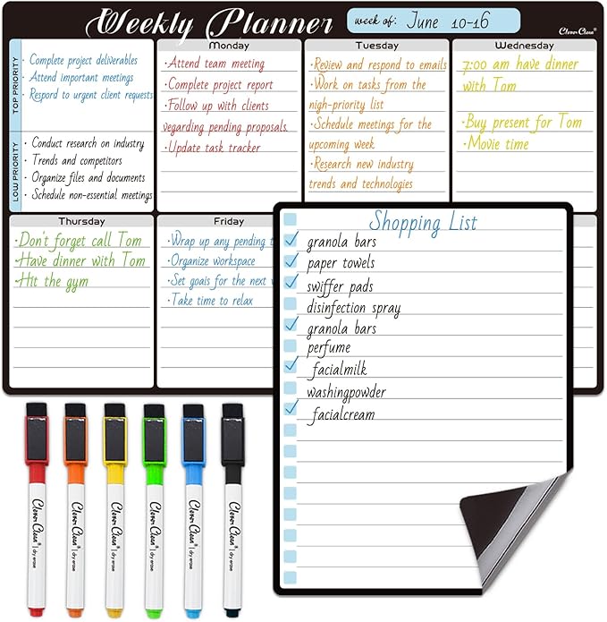 Magnetic Dry Erase Weekly Calendar - 8.5"x13" Weekly Calendar for Fridge - 6.5"x8.5" List Board and 6 Extra Fine Point Markers Included - Shipped Flat