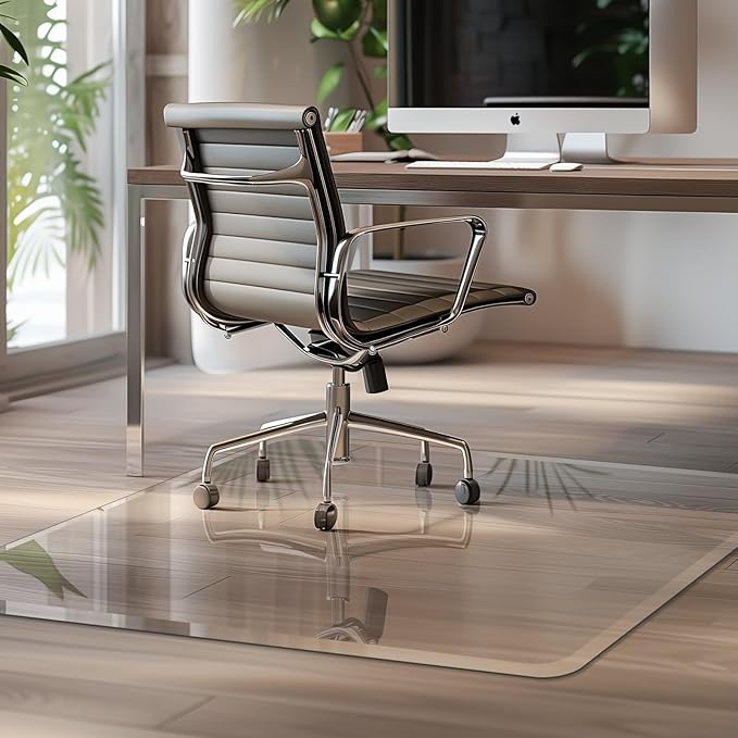 JAMBALAY Premium Tempered Glass Chair Mat with Beveled Edge for Easy Roll On, 55"x46" Office Floor Mat for Carpets or Hard Floor, Office Chair Mat with 4 Non Slip Pads, Thick 0.2″