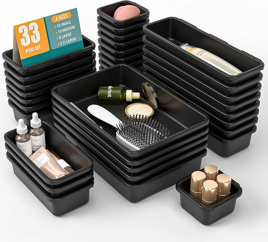 33 PCS Drawer Organizer Set, 4 Size Makeup Drawer Divider Organizer With Non-Slip Pads, Interlocking Plastic Storage Bins for Office,Jewelry Vanity,Gadgets, Bathroom,Kitchen, Black