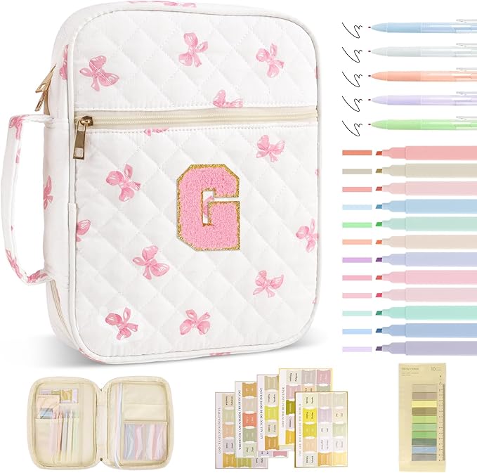 Personalized Initial Bible Cover Case for Women Girls Kid - Large Quilted Bible Case with Handle, Stylish Chenille Letter Bag Study Supplies, Perfect Christmas Gifts for Christians Women (Pink Bow-G)