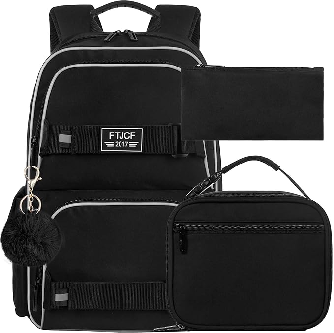 3PCS School Backpack for Girls and Boys, 17" Water Resistant Laptop Backpacks with Lunch Box, Cute Black Bookbag Set for Women Men College Teenagers High Middle Elementary School