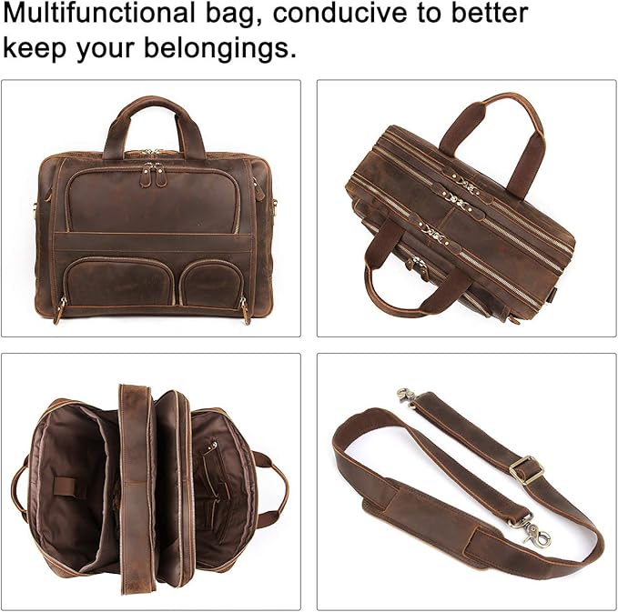 Augus Business Travel Briefcase Genuine Leather Duffel Bags for Men Laptop Bag fits 15.6 inches Laptop