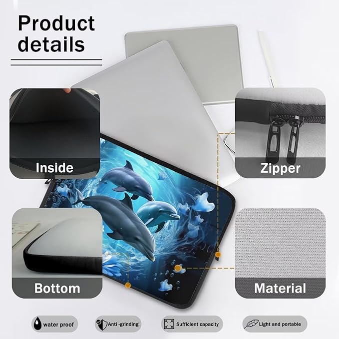 Dolphin Computer Sleeve for Women Men 12 inch Laptop Sleeve Durable Lap Top Case with Multiple Uses Tablet Bag Kawaii Animal Laptop Carrying Case Blue Flower Briefcase