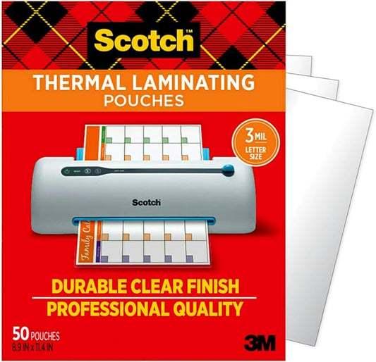 Scotch Thermal Laminating Pouches, 50 Count, Clear, 3 mil., Laminate Homemade Ornaments, Christmas Banners and Gift Tags, Ideal Holiday Supplies, Fits Letter Sized (8.9 in. × 11.4 in.) Paper