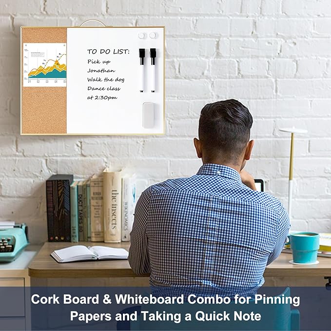 Small Cork Board Whiteboard Combo - 12" X 16" Portable Aluminum Gold Framed Magnetic Dry Erase Board for Wall, Mini Bulletin CorkBoard with a Handle for Office, Home and School