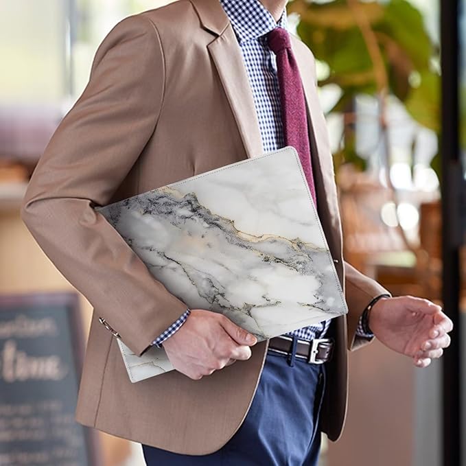 Office Folder White Marble Print PU Leather Padfolio with A4 Size Clipboard Clip for Business Resume Interview Document Sleeve Binder Folder for Men/Women