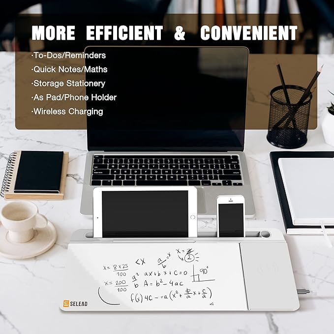SELEAD Desktop Glass Whiteboard with Wireless Charger Station, Dry Erase Board Computer Pad Keyboard Stand with Organizer Drawer for Home, School, Office Desk Accessories, White
