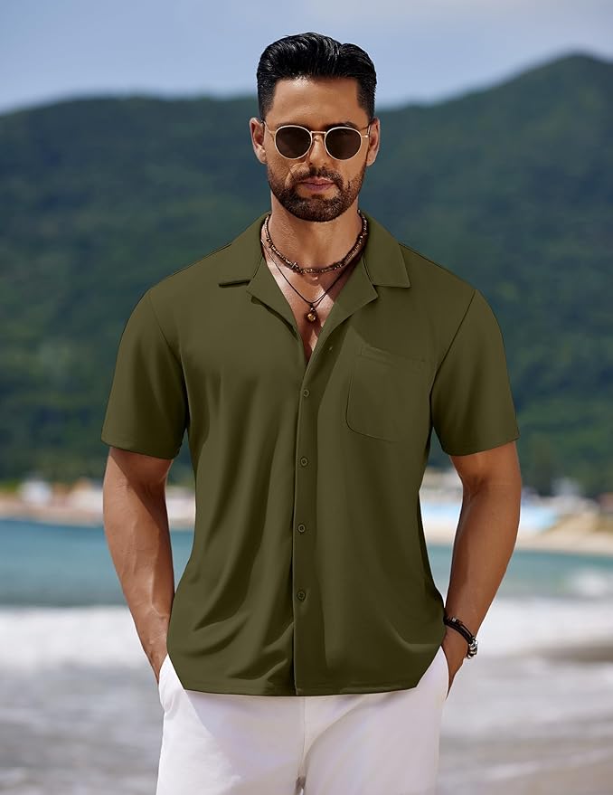 COOFANDY Men's Casual Cuban Guayabera Shirt Short Sleeve Button Down Shirts Summer Beach Shirts Vocation Vintage Shirts