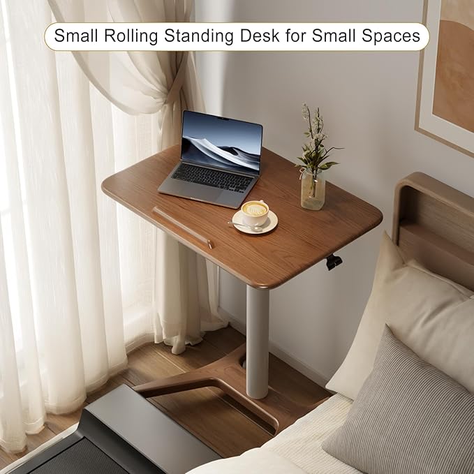Rolling Standing Desk,Rolling Desk Adjustable Height with Wheels Rolling Desk for Home Office, Bedroom,Couch（Walnut）