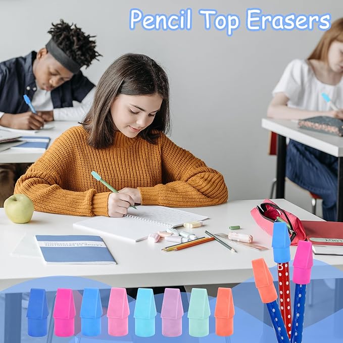 PRALB 400PCS Chisel Shape Pencil Eraser Caps Pencil Erasers Assorted Colors for Party Favors Games Prizes Pencil Top Erasers Home School Office, Color 2
