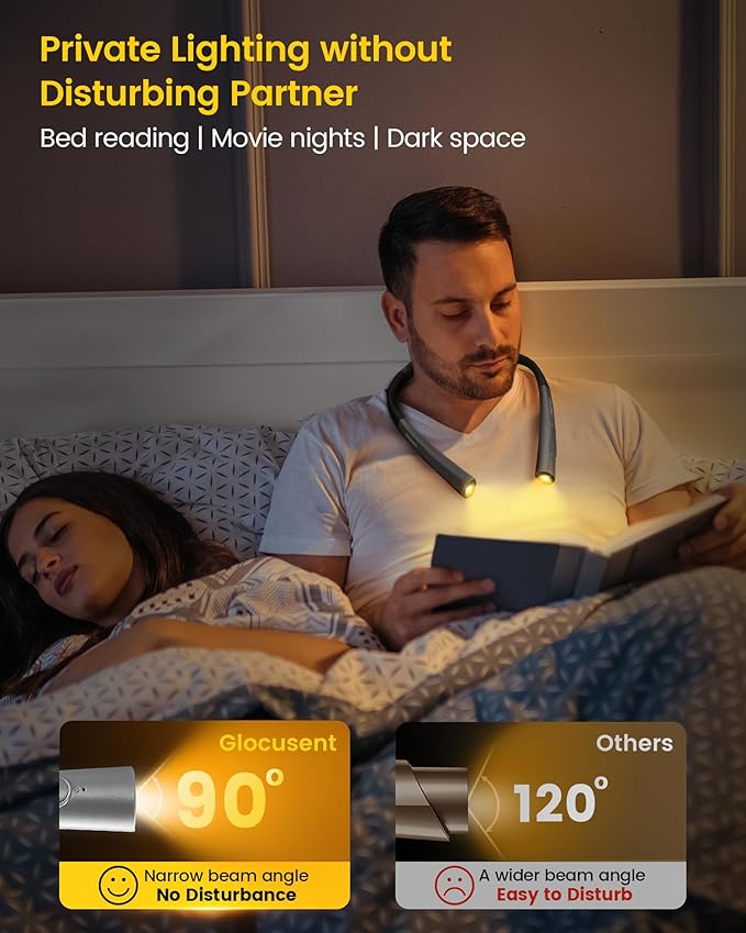 Glocusent Upgraded LED Neck Reading Light, Book Light for Reading in Bed, 30-min Timer, 3 Colors & 3 Brightness Adjustable, Rechargeable & Long Lasting, Perfect for Reading, Knitting