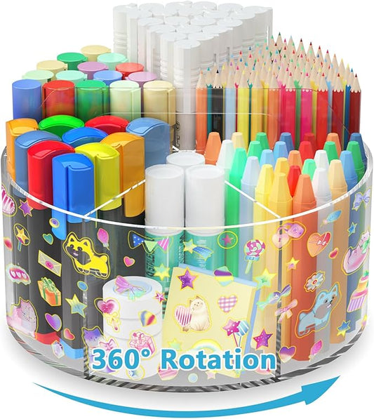 Acrylic Pen Holder with 2 Adhesive DIY Stickers, Desk Organizer Marker Holder with Cute Sticker, 360 Degree Office Supply Organizer Clear Pencil Holder Kid Art Supply Storage Organizer 6 Compartments