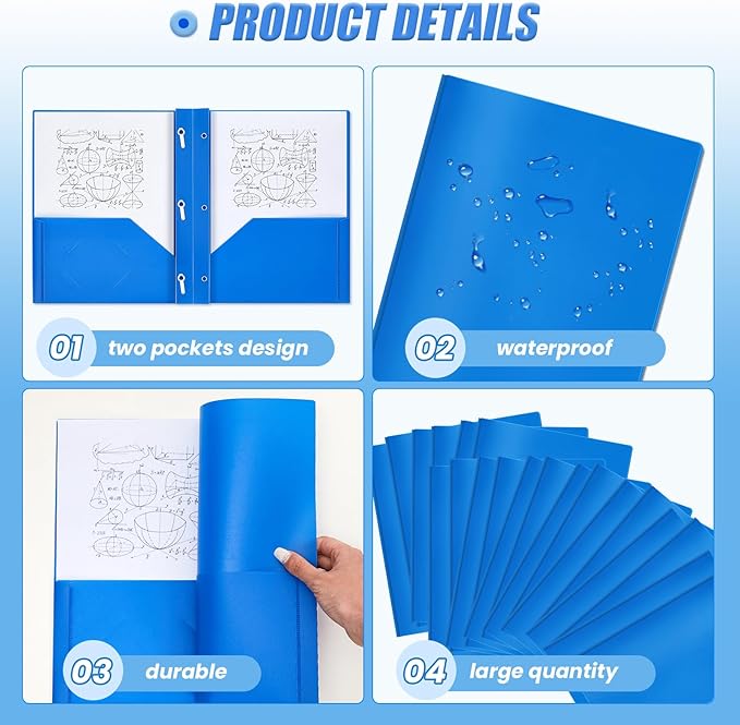 Yeaqee 60 Pcs Plastic Folders with Pockets and Prong Plastic Folders with 2 Pockets Pocket for Office, School for Students, Teachers, Office Workers (Blue)
