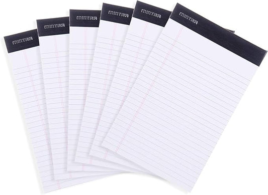 Mintra Office Legal Pads - ((BASIC WHITE 6pk, 5in x 8in, NARROW RULED)) - 50 Sheets per Notepad, Micro perforated Writing Pad, Notebook Paper for School, College, Office, Business
