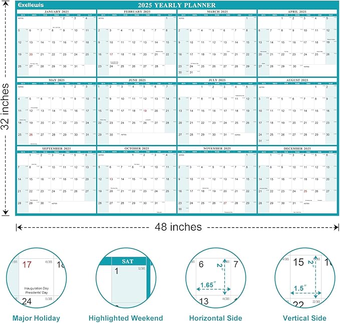 32" x 48" Exellewis 2025 Wall Calendar Erasable, Wet & Dry Erase Large Laminated Annual Yearly Planner - 12 Month Horizontal/Vertical Calendar January to December for Easy Planning, Organizing