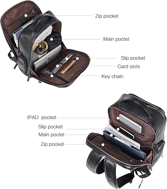 BOSTANTEN Leather Backpacks College 15.6” Laptop Travel Computer Shoulder Backpack For Men Black