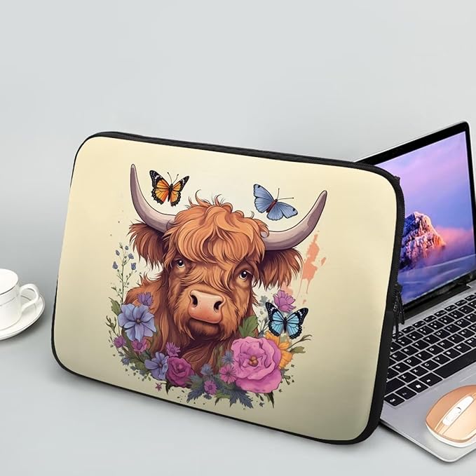 Highland Cattle Laptop Sleeve for Women 12 inch Lap Top Case Lightweight Laptop Protector Zippered Pouches with Humanize Design Computer Carrying Case Flower Cow Tablet Bag Briefcase