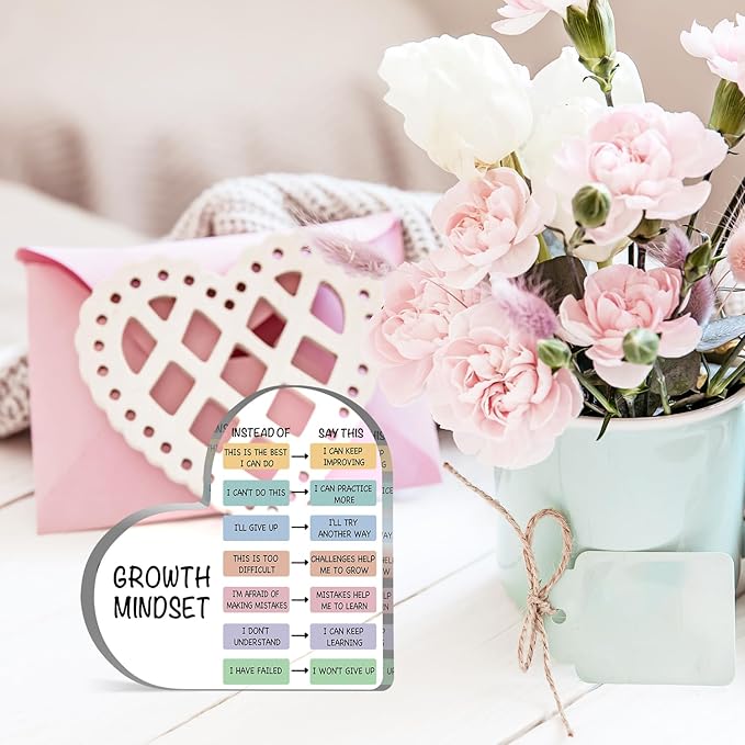 Growth Mindset Decor, Therapy Office Mental Health Classroom Art Educational Change Your Mindset Decorations Acrylic Heart Inspirational Gift Positive Sayings Inspirational Gifts for Teacher Students