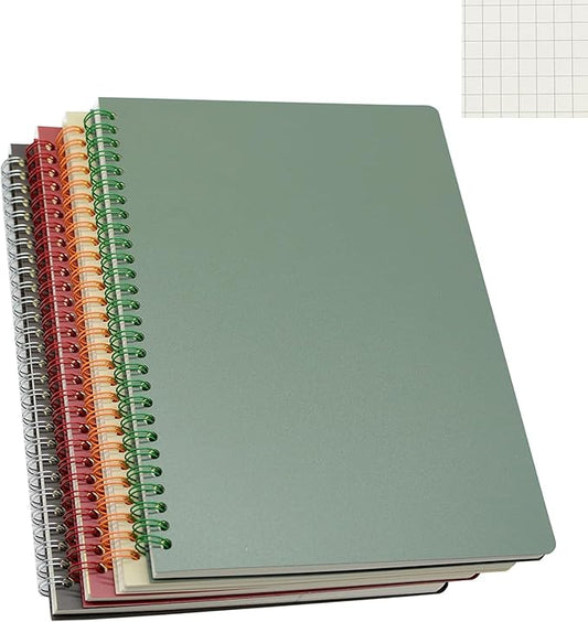 Yansanido Spiral Notebook, 4 Pcs B5 Thick Plastic Hardcover Graph Paper 4 Color 80 Sheets -160 Pages Journals for Study and Notes (Grid-4pcs Wine Red,Brown,Green,ivory, B5)