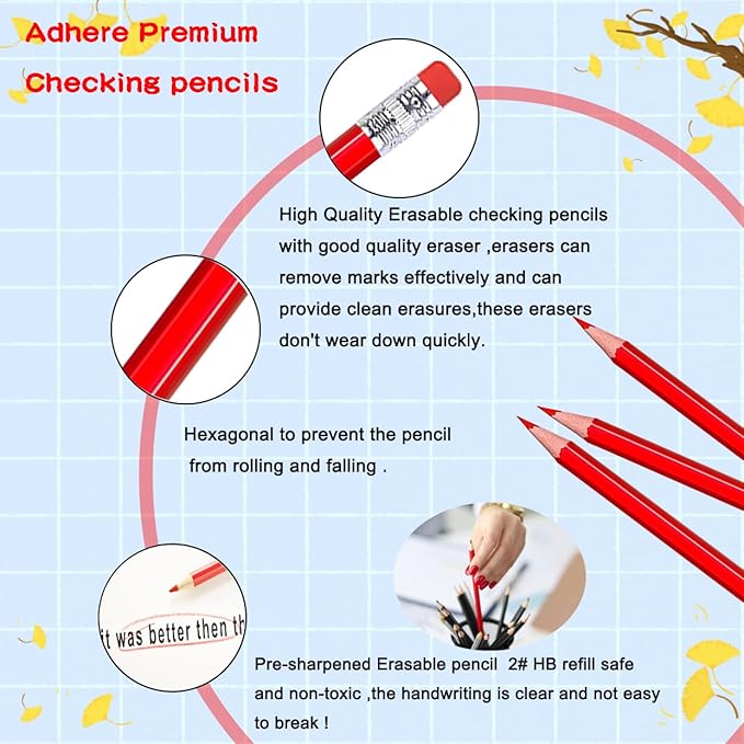 Adhere 25pcs Checking Pencils Erasable colored Pencils Pre-Sharpened #2 HB,for Checking Tests Grading Map Coloring,school Correcting,editing Office Favors,including a Free sharpener. (Red)