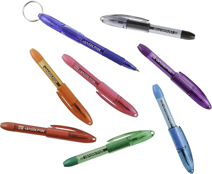 RSVP Mini Ballpoint Pen, (1.0mm) Medium Line, Assorted Ink Colors, w/Key Ring, 8 Pack