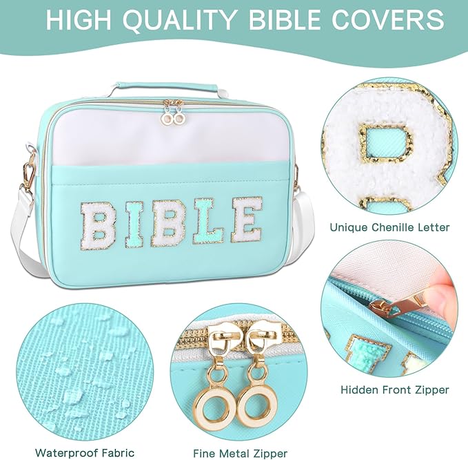 WOBANGEM Bible Cover Case for Women,Large Leather Bible Cases Christian Gifts for Women Men Girls,Preppy Chenille Letter Bible Bag with Shoulder Strap,Green Bible Purse Bible Carrying Case for Women