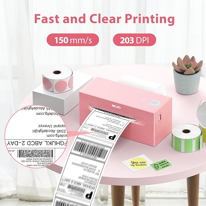 Nelko Bluetooth Thermal Shipping Label Printer, Wireless 4x6 Shipping Label Printer for Shipping Packages, Support Android, iPhone and Windows, Widely Used for Amazon, Ebay, Shopify (Pink)