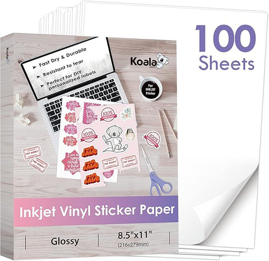 Koala Printable Vinyl Sticker Paper for Inkjet Printers - 100 Sheets Glossy White Water-Resistant Adhesive Label Paper - 8.5x11 Inch, Tear-Resistant, Removable