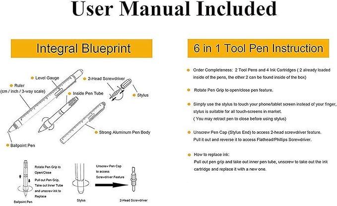 HeTaoCat Gifts Multi Tech Tool Pen 6 in 1 Stylus Pen - Screwdriver Pen with Ruler, Levelgauge, Ballpoint Pen Black ink (Yellow)