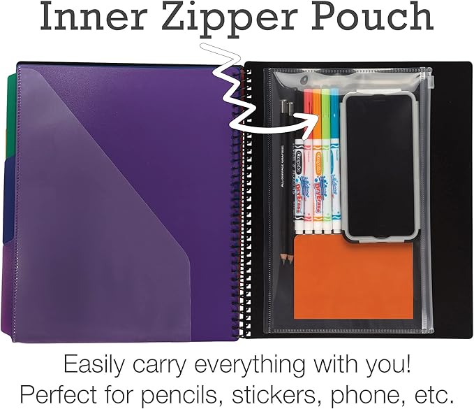 Samsill Deluxe 24 Pocket Spiral Project Organizer with Inner Zipper Pouch, Customizable Front Cover, 12 Dividers with Erasable Write-On Tabs in Assorted Colors, Plastic Folders with Pockets