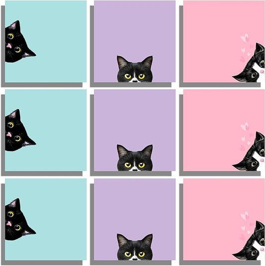 9 Pads Black Cat Sticky Notes Set, Pink Self-Stick Note Pads, Cute Memo Pads Super Adhesive Note Card for Cat Lover Gift, Teacher Office and School Supplies, 3x3in