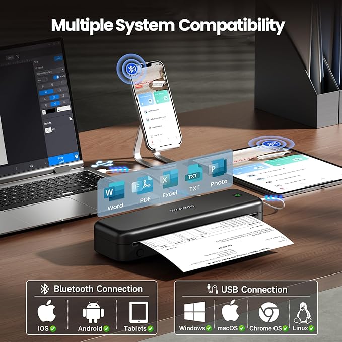 Phomemo Portable Printers Wireless for Travel [Upgraded],M834 Bluetooth Thermal Printer 8.5" x 11"& A4 Size,Inkless Mobile Printer with Carry Case for Travel,Office,School,Car,Home