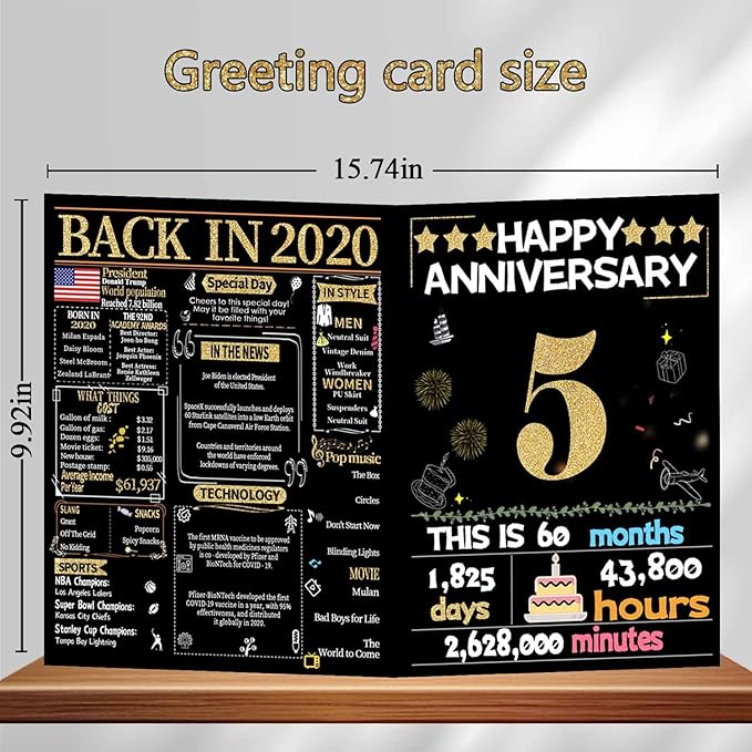 Joycard 5th Anniversary Card for Women Men, Gold Wedding Card for Wife Husband, Sweet Marriage Decorations Gifts for Couple, Perfect for Her Him on Anniversary Day, Wood Wedding Card, Back in 2020