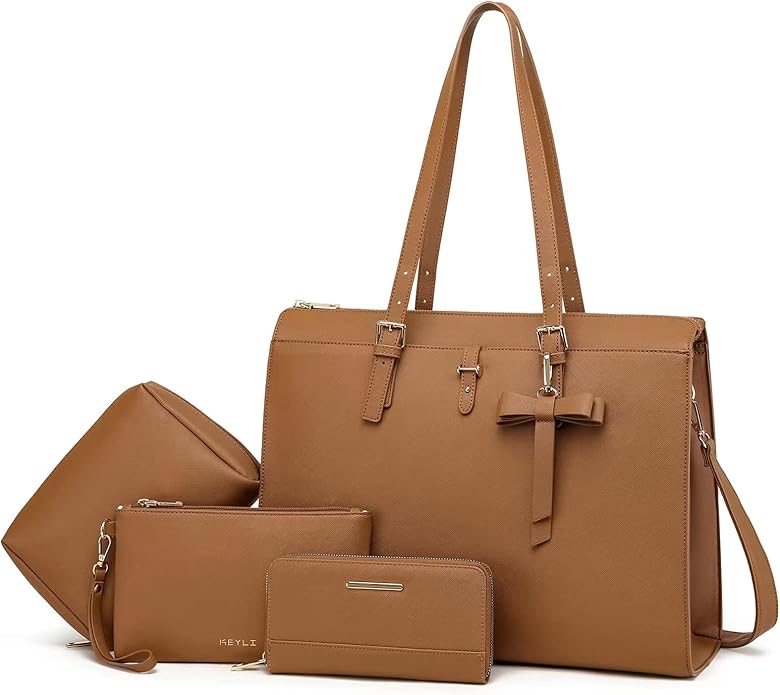 Keyli 4pc Sets Laptop Bag for Women Large Leather Laptop Briefcase with USB Charging Port Computer Shoulder tote Bags Purse