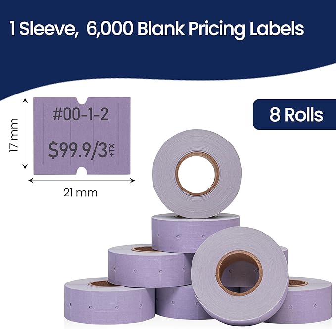 Perco 2 Line Lavender Labels - 8 Rolls, 1 Sleeve, 6,000 Blank Price and Date Gun Labels for Perco 2 Line Price and Date Guns - Made in USA