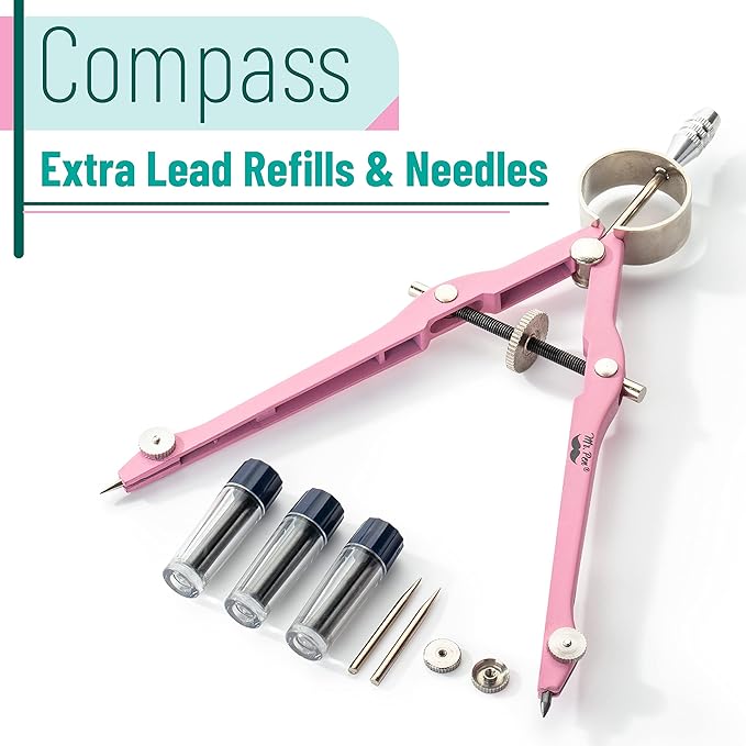 Mr. Pen- Professional Compass for Geometry, Pink, Extra Leads, Metal Compass, Compass, Compass Drawing Tool, Drawing Compass, Drafting Compass, Compass for Students, Compass for Woodworking