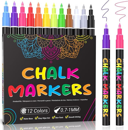 KERIFI Liquid Chalk Markers, Chalk Pens Fine Tip, 12 Vibrant Colors, Wet Erase Markers Fine Point 1mm, Chalk Markers for Blackboard, Glass, Windows, Bistro, 45 Chalkboard Labels Included