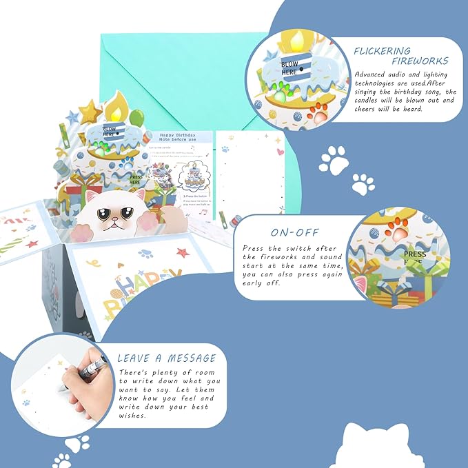 3D Pop Up Persian Cat Birthday Card, Fun Birthday Card for Women, Press the Power Button to Play 'Happy Birthday' Song
