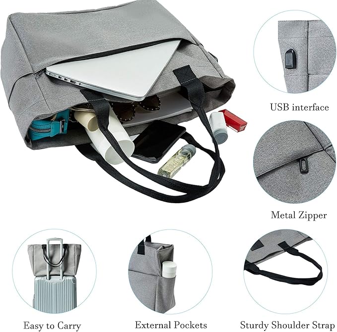 Tote Bag for Women Large Work Bags Laptop 15.6-17 Inch Handbag Purse Book Bag with Zipper for Nurse Teacher School,Grey